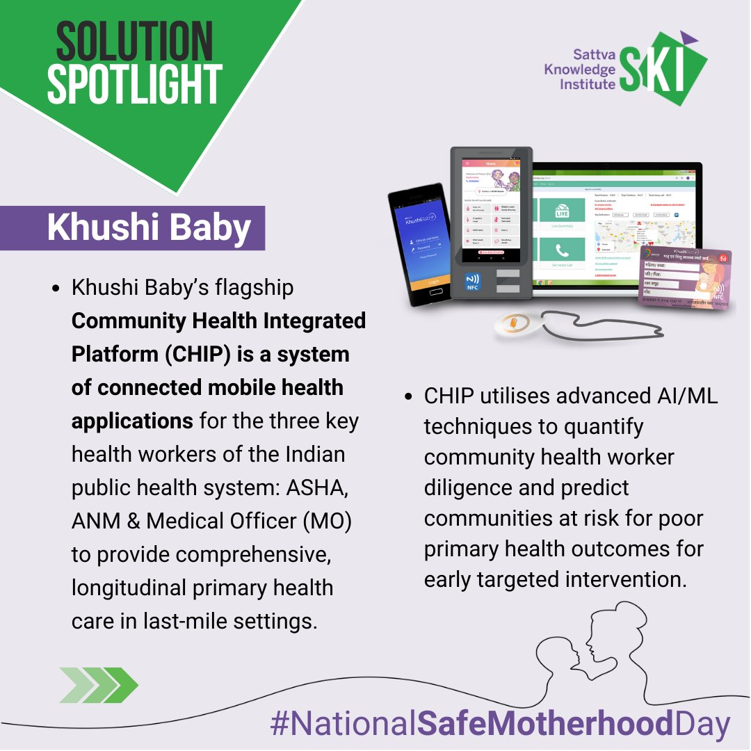 decodingimpact's tweet image. On #NationalSafeMotherhoodDay, we shed light on some digital health interventions that are emerging to remove the roadblocks to equitable access to maternal and child healthcare in India.
Our first #SolutionSpotlight: Khushi Baby&apos;s CHIP system.
@teamkhushibaby