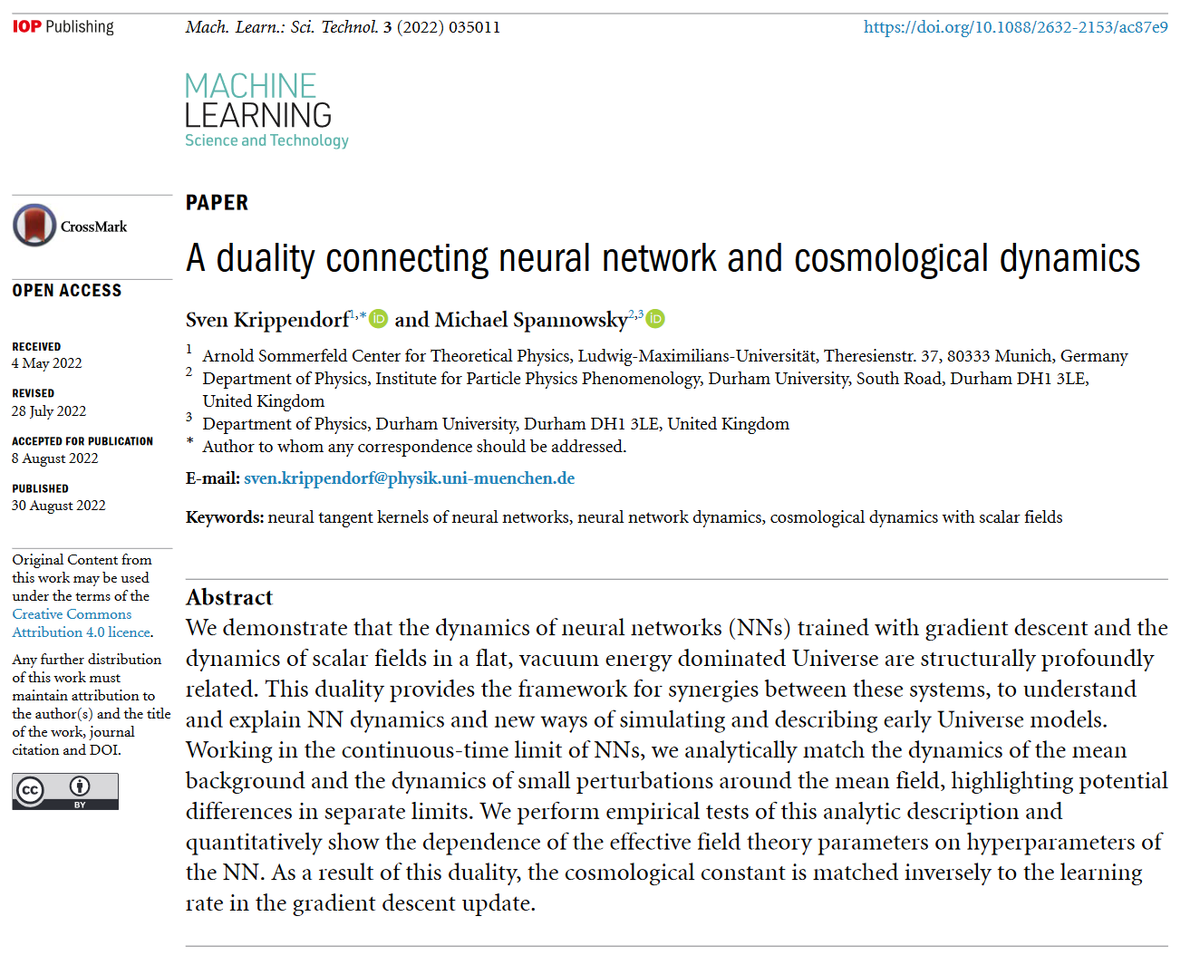 MLSTjournal's tweet photo. 'A duality connecting #neuralnetwork and cosmological #dynamics' by @KrippendorfSven and @spannowsky @LMU_Muenchen @IPPP_Durham @DurhamPhysics hits 500 downloads! https://t.co/lr5t9xxCrO #machinelearning #HEP #cosmology #fieldtheory #AI #gravity #astrophysics #HPC #quantum https://t.co/wZOcBlpJEI