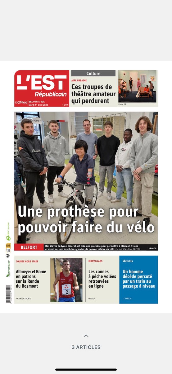Les élèves de Terminale Bac Pro micro en Une de <a href="/lestrepublicain/">L'Est Républicain</a> avec Clément, 11 ans, à qui ils ont conçu et fabriqué une prothèse pour qu'il puisse faire du vélo.
Quand la voie pro s'allie à l'altruisme et à l'engagement citoyen des élèves.
Merci <a href="/Au_Breton/">Breton Aurélien</a> pour ce bel article.