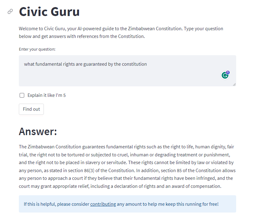 mikeyny_zw's tweet photo. Constitutional matters are often hard for the average person to grasp. They're full of legal jargon and sections and subsections of fulcrum and pith. But what if AI could change this?

Introducing Civic Guru! 🚀

An AI-powered assistant that simplifies the Zimbabwean Constitution https://t.co/oB9NEjciKZ