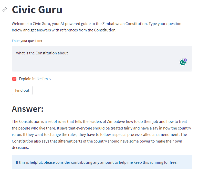 mikeyny_zw's tweet photo. Constitutional matters are often hard for the average person to grasp. They're full of legal jargon and sections and subsections of fulcrum and pith. But what if AI could change this?

Introducing Civic Guru! 🚀

An AI-powered assistant that simplifies the Zimbabwean Constitution https://t.co/oB9NEjciKZ