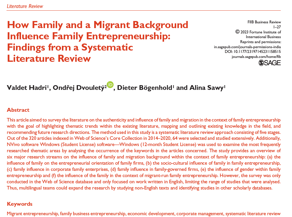 Gladly share the new co-authored literature review article published in FIIB Business Review on the role of family and migrant background in family entrepreneurship available here: journals.sagepub.com/doi/10.1177/23…  #FamilyBusiness #FamilyEntrepreneurship #MigrationBackground