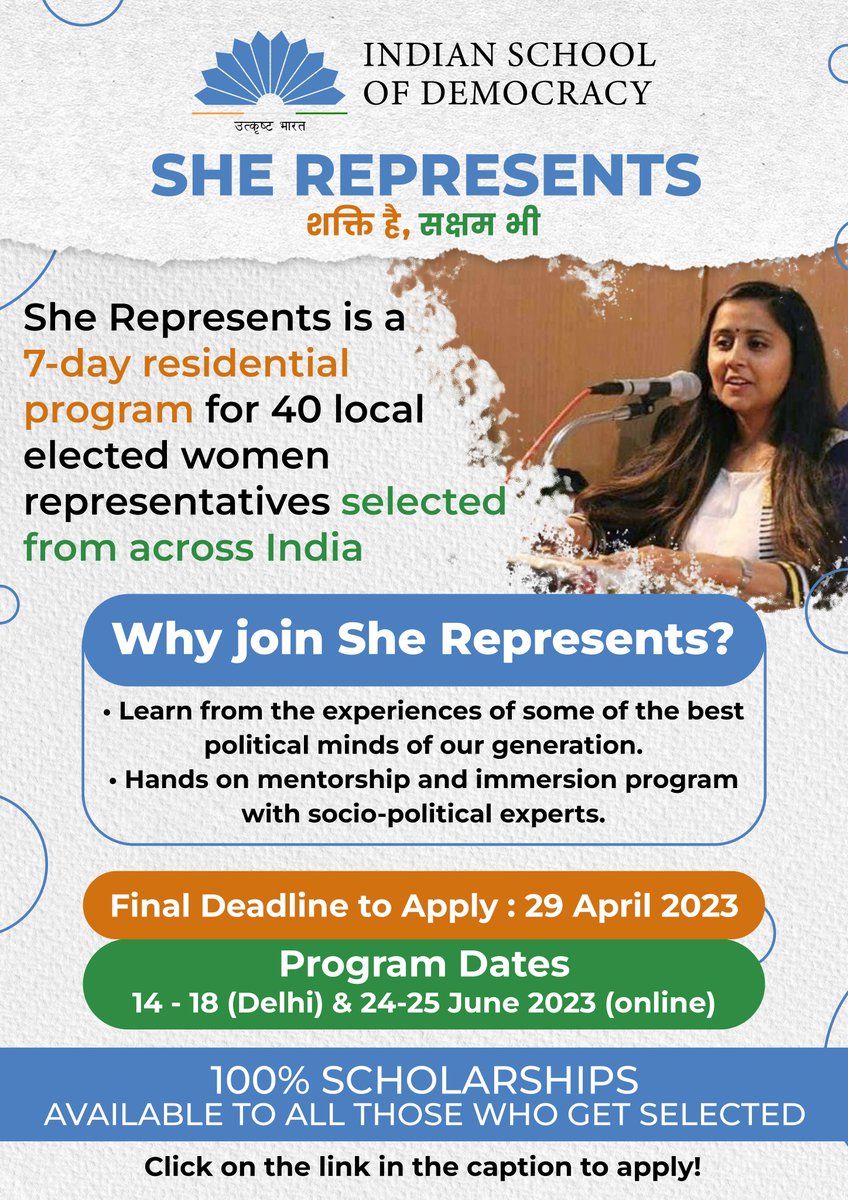 isd2047's tweet image. Join #SheRepresents to interact with experienced leaders, learn from their mistakes and achievements and chart a course to your political destination.

Click the link below and join us! 
indianschoolofdemocracy.org/hi/s