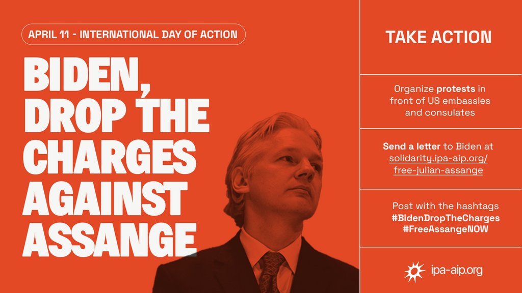 TAKE ACTION NOW: On April 11th, the IPA is mobilizing to call on Biden to #DropTheCharges against Assange.

Send a letter to Biden via @peoplesassembl_ newly launched Solidarity website, solidarity.ipa-aip.org/free-julian-as… 

Post with the hashtags #BidenDropTheCharges & #FreeAssangeNOW