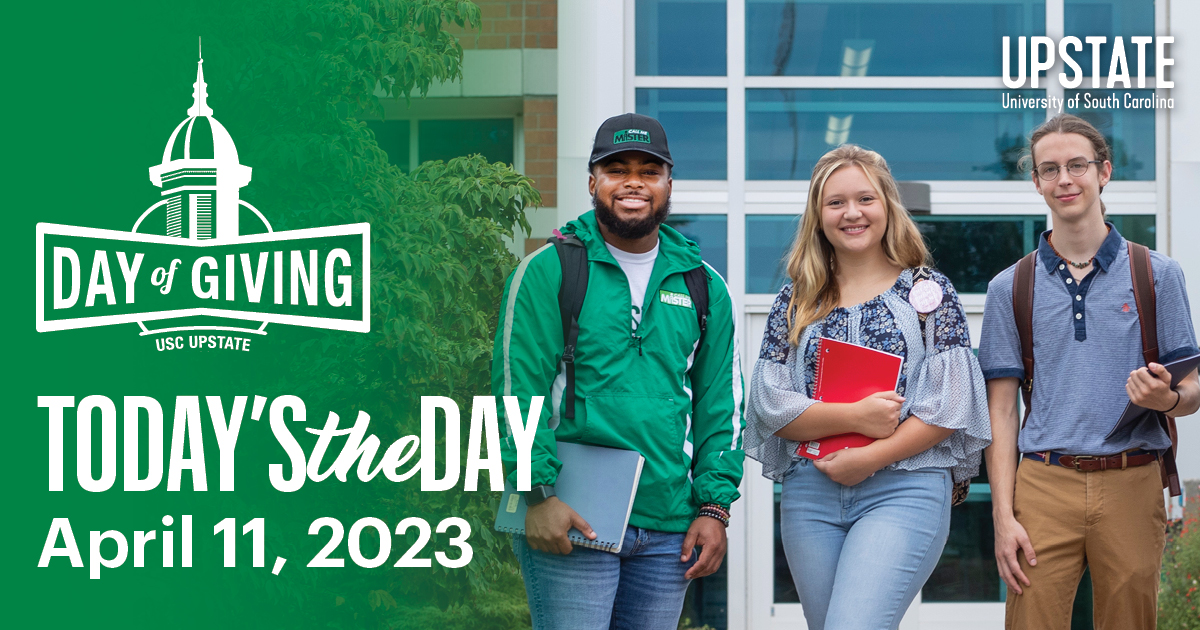 Today is the day! Join us for USC Upstate's Day of Giving and help us reach Greater Heights for our students. Every donation, no matter the size, makes a difference. Let's make a lasting impact together!

Visit our Day of Giving website to make your gift today! #USCUpstate