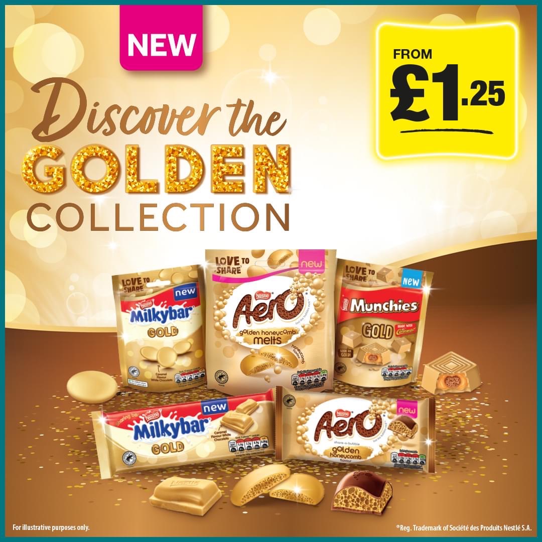 Gold stars all round for this collection 🤩

Introducing the NEW Golden Collection from Aero Bubbly Chocolate, Milkybar and Munchies available at Poundland at Flemingate. Have you tried them yet?

Available NOW from £1.25! #GoldenCollection