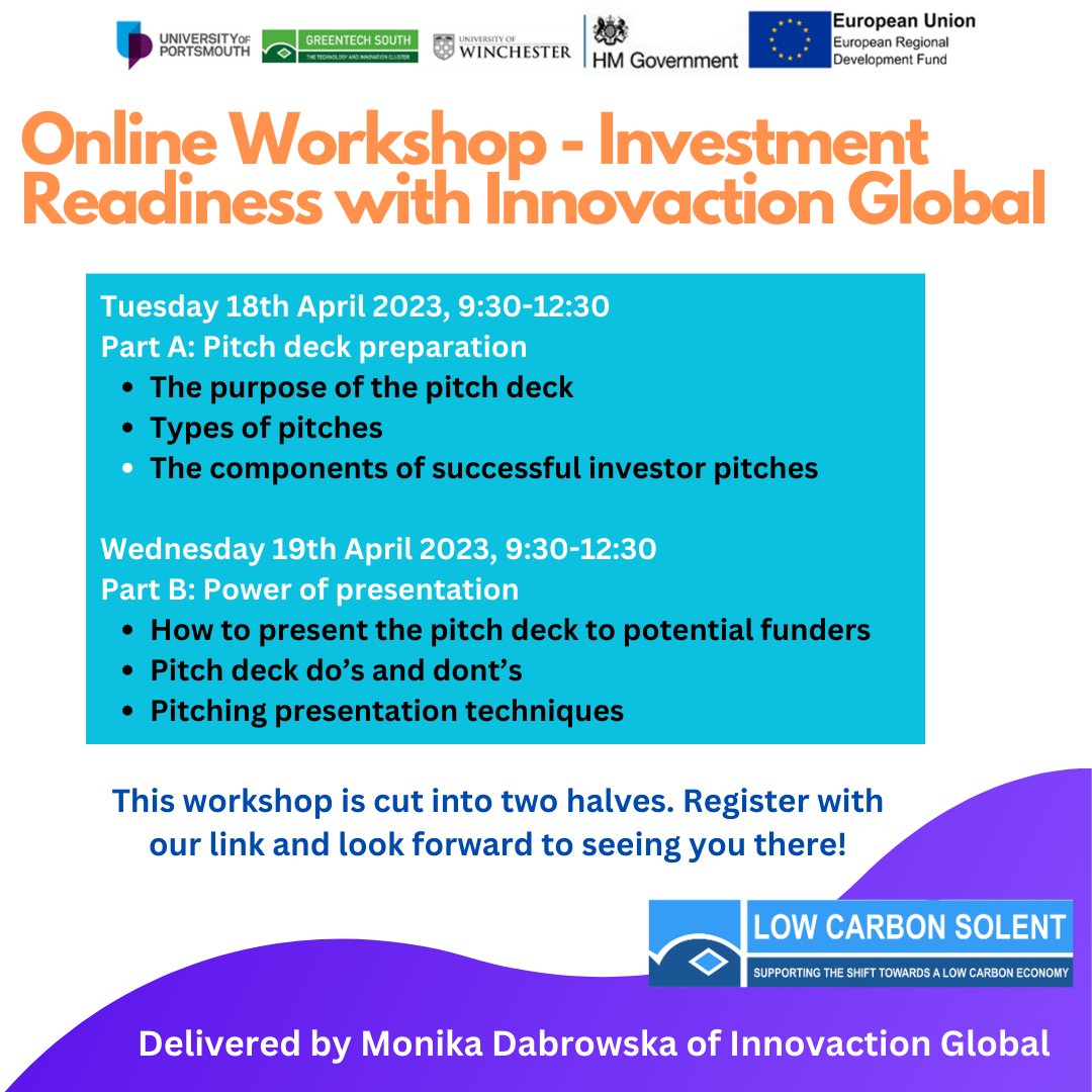 Low Carbon Solent is hosting a calendar of workshops designed to support SMEs to launch their low-carbon, sustainable products. 

This interactive workshop is cut into 2 3 hour sessions. Part A 18th April &amp; Part B 19th April.

More info &amp; register below!
eventbrite.co.uk/e/online-works…