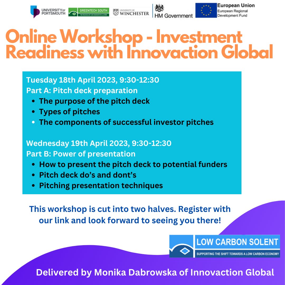 Low Carbon Solent is hosting a calendar of workshops designed to support SMEs to launch their low-carbon, sustainable products. This interactive workshop is cut into 2 3 hour sessions. Part A 18th April & Part B 19th April. More info & register below! eventbrite.co.uk/e/online-works…