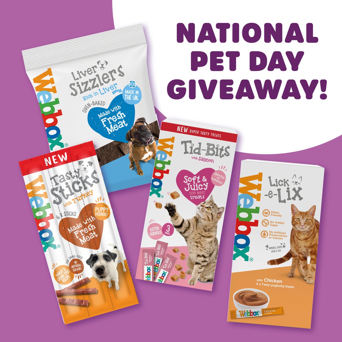🐾 GIVEAWAY 🐾

To celebrate #NationalPetDay we are giving one lucky pet pawrent the chance to win their fur-baby a case of their favourite Webbox treats! 🤩

All you need to do to enter is:
1.  RT
2.  Follow us

Competition ends 18/4/23. UK entries only. T&amp;Cs apply.