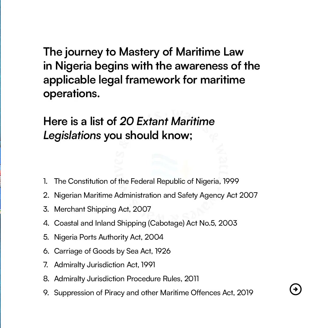WavesandWatts's tweet photo. As the voyage into the Maritime Space begins, we have curated a list of some Maritime Legislations applicable in Nigeria.
#Maritime #applicableLaws #WavesandWatts https://t.co/WG44bjVxLF