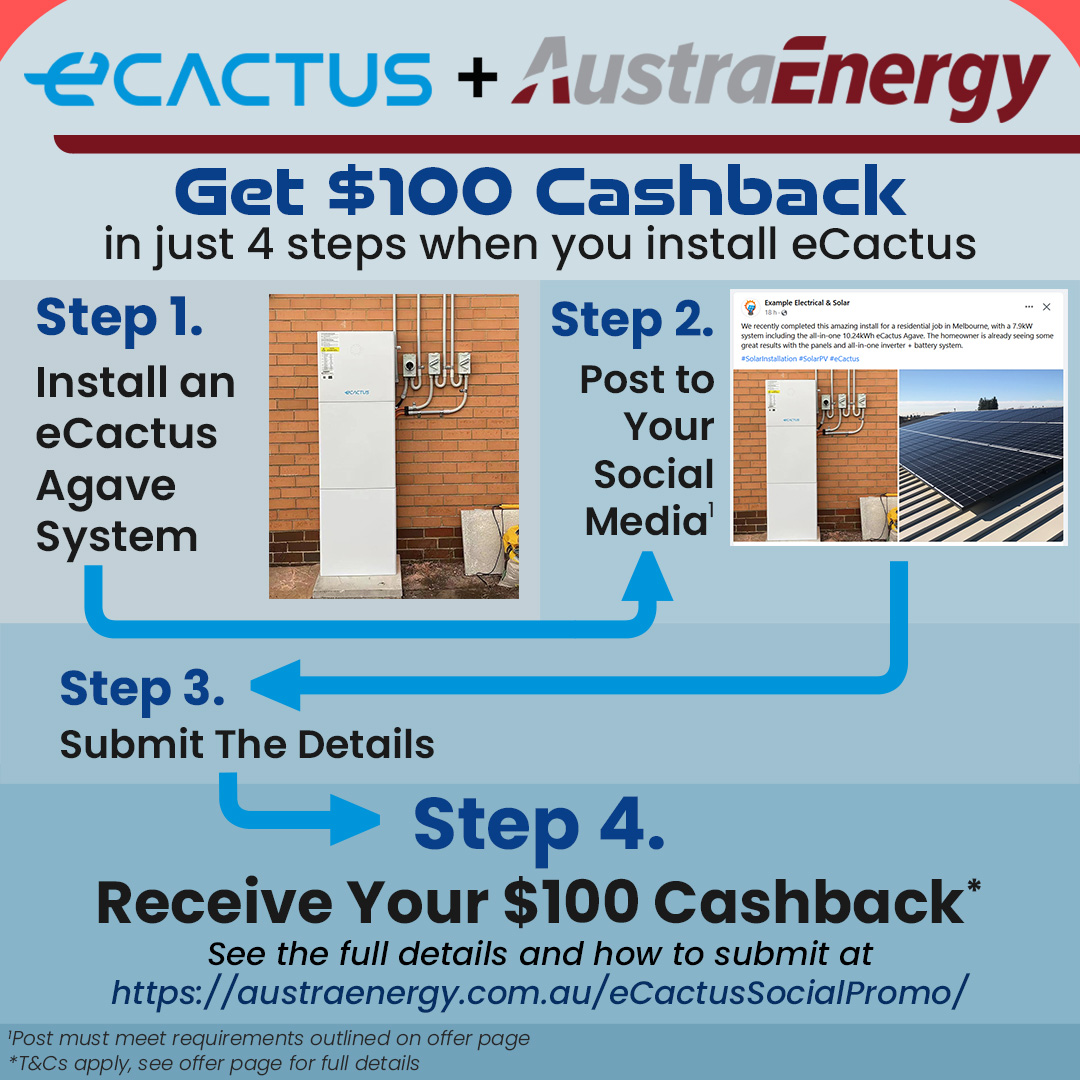We've teamed up with eCactus to offer $100 to installers for every Agave system installed and posted online. For more details contact your sales rep or find out how to submit for the cashback and view full T&amp;Cs at austraenergy.com.au/eCactusSocialP…
#CashbackOffer #SolarInstallation #eCactus