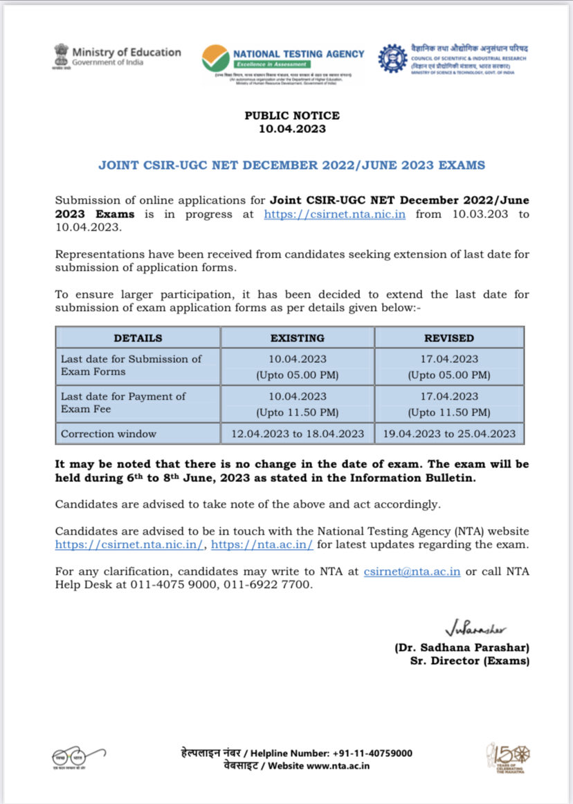 physicsasm's tweet image. Last date for submission of exam application form for CSIR UGC NET exam extended to 17.04.2023