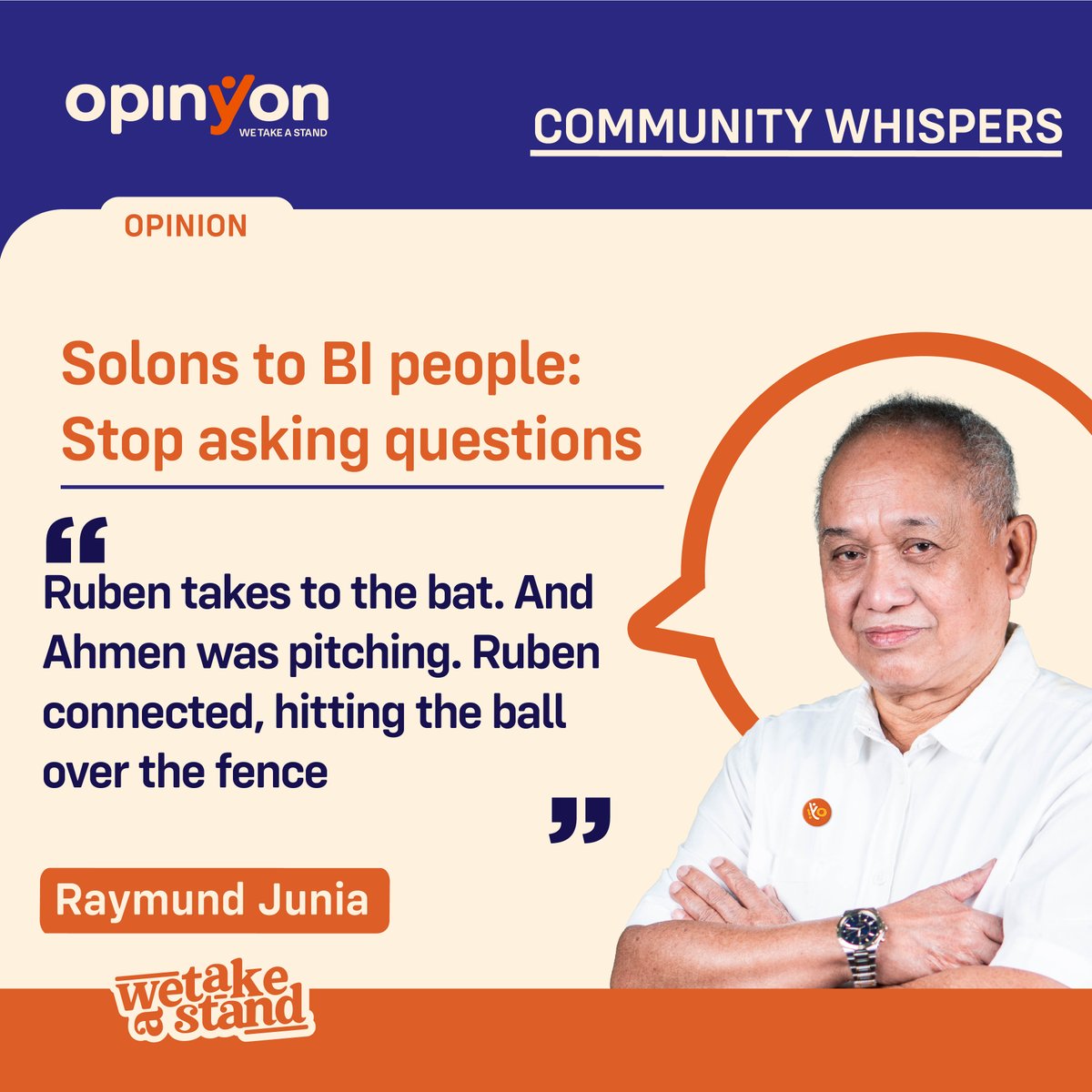 OpinYonNews's tweet photo. Solons to BI people: Stop asking questions
By Raymund Junia
Ruben takes to the bat. And Ahmen was pitching. Ruben connected, hitting the ball over the fence
Read more
https://t.co/mEcC0cPsQS
#Solon #BI #AskingQuestions #Community #Whispers #CommunityWhispers #Column https://t.co/uT8L4XBdi2