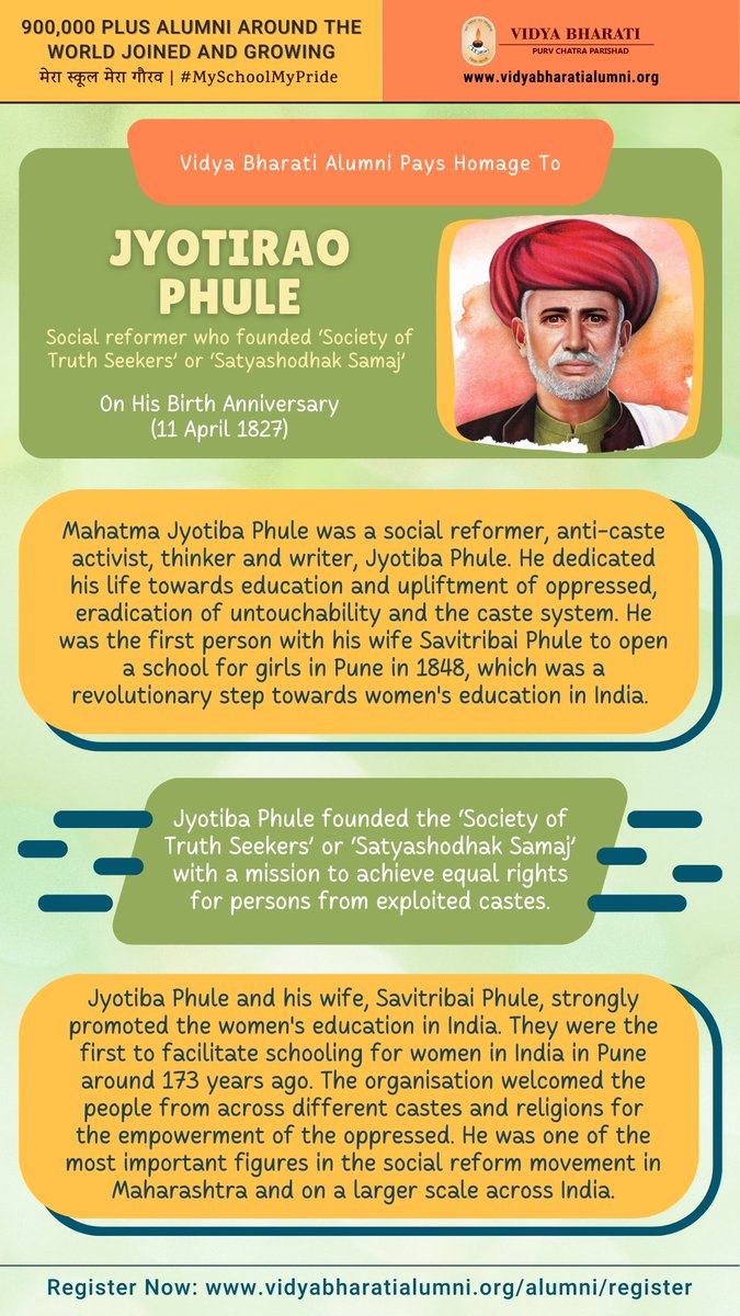Vidya Bharati Alumni Pays Homage To Jyotirao Phule, Social reformer who founded ‘Society of Truth Seekers’ or ‘Satyashodhak Samaj’, On His Birth Anniversary.

To register as alumni visit: vidyabharatialumni.org/alumni/register

#alumni #Bharat #India #MySchoolMyPride #vbpurvchatra