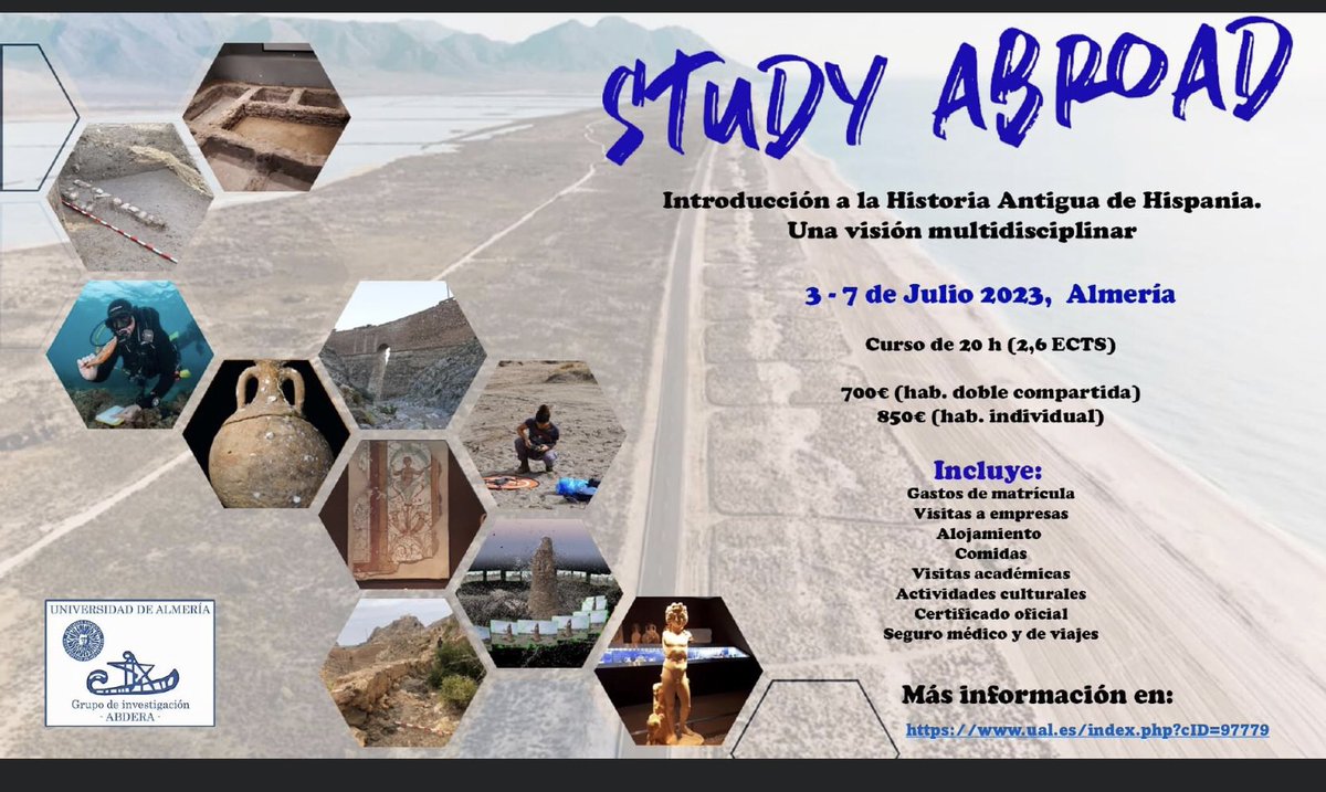 Cursos de verano STUDY ABROAD UAL 2023: Enrique Aragon Nuñez, Patricia Argüelles Álvarez Anli Patricia y yo hemos realizado una propuesta titulada "Introducción a la Historia Antigua de Hispania: una visión multidisciplinar" que ha sido aprobado. Es para alumnado extranjero. UAL