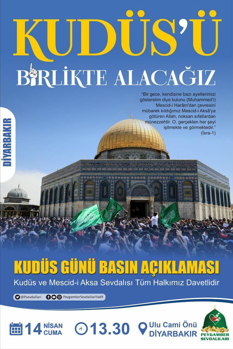 PSevdalilari21's tweet photo. Kudüs Günü Basın Açıklamasına Davet

Dünya Kudüs Günü münasebetiyle vakfımızın düzenleyeceği müstekbir ve istikbar güçlerinin ve yapmış oldukları zulümlerinin tel'in edileceği kitlesel basın açıklamasına tüm halkımız davetlidir.
📅14 Nisan Cuma
🕜13:30
🔖Ulu Cami Önü
  Diyarbakır https://t.co/E9VeUMN81O