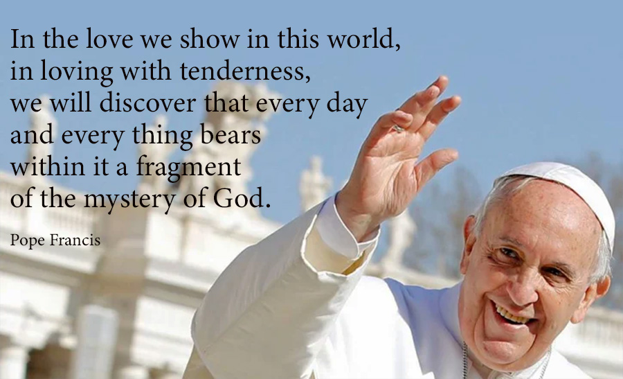 In the love we show in this world,
in loving with tenderness,
we will discover that every day
and every thing bears
within it a fragment
of the mystery of God.

Pope Francis