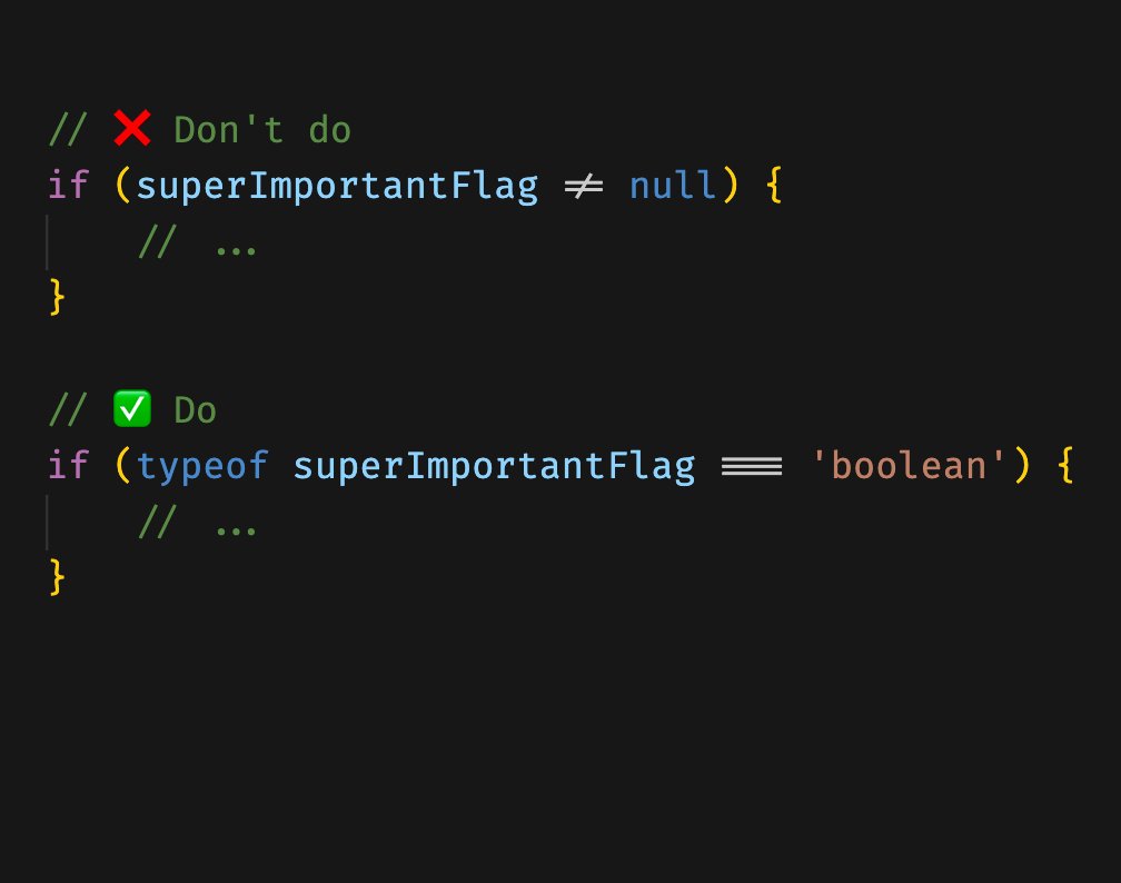 mikaelainalem's tweet image. Code is for humans, not just machines. Prioritize human readability when writing code - always assume someone else will read it.

Always check the type of flags that might be null/undefined #readability #100DaysOfCode