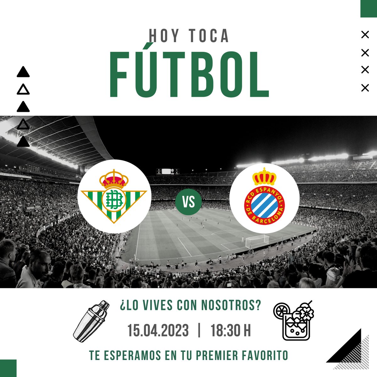 Esta tarde toca fútbol así que, ¿por qué no vienes, te sientas, te pides tu copa preferida y disfrutas tranquilamente de tu tarde con nosotros? ¡Te estaremos esperando con la mejor compañía...!
#futboldirecto #futbol #sevilla #ocio #cocteleria #Betis