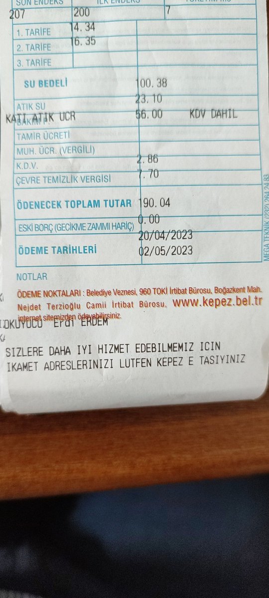 purkmurat's tweet photo. @kilicdarogluk Merhaba Sayın Milletvekilim, her ay 56 lira, katı atık ve 7.70 lira çevre vergisi altında bu paraları almak hak mıdır? https://t.co/MiGvrFwkdB