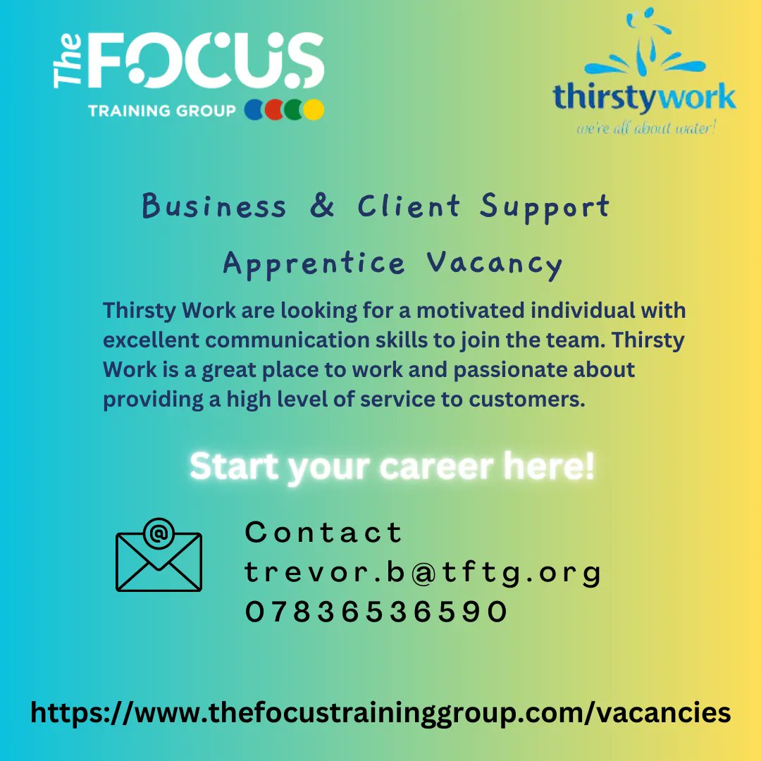 focustrainingsw's tweet photo. JOB VACANCY with Thirsty Work in Exeter
For further information please contact trevor.b@tftg.org
To Apply
https://t.co/h2rlxKnMuQ
@ThirstyWorkLtd
#apprenticeships #apprenticeshipsuk #apprentice #ApprenticeshipsWork #jobs #jobsindevon #devonjobs #exeterjobs #trainingprovider https://t.co/n5RbkCWkVn