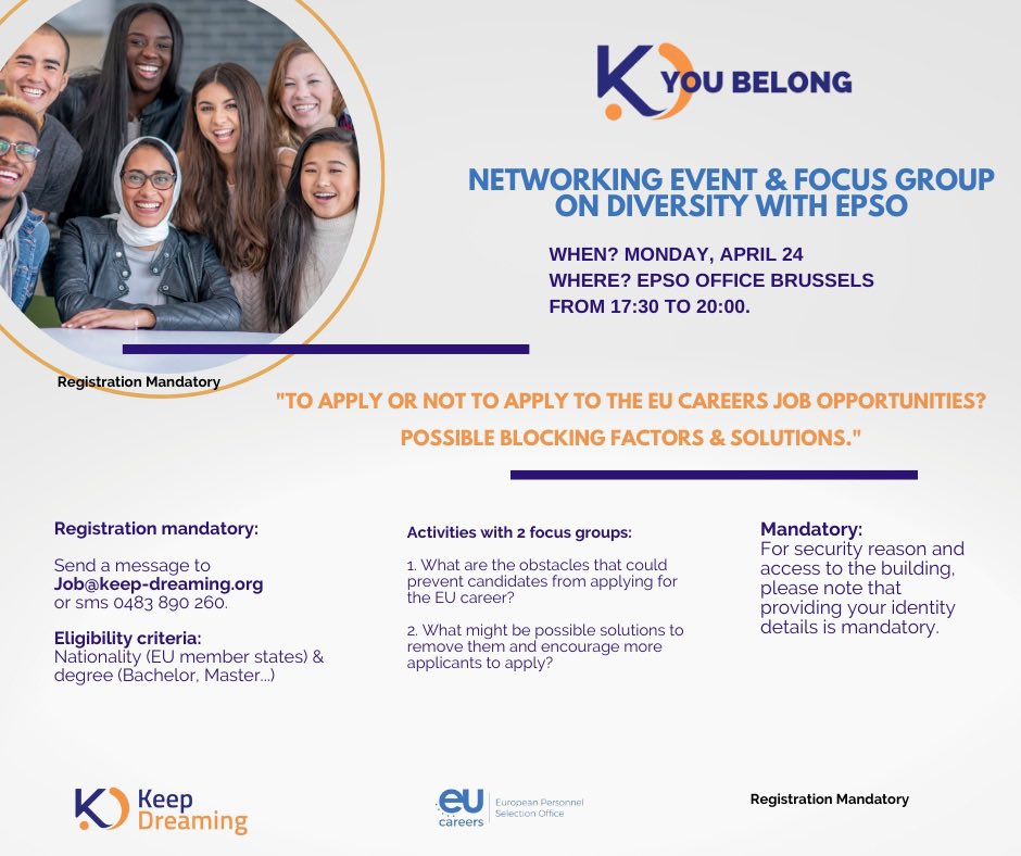 Don’t miss it! 
Join <a href="/KeepDreamingBel/">Keep Dreaming Asbl/vzw</a> and @EUCareersbyEPSO for an honest conversation on Monday, April 24.

Places are limited, so registration is mandatory.

Interested? 
Send a message to job@keep-dreaming.org

#YouBELongProject #EUcareers #job #careers