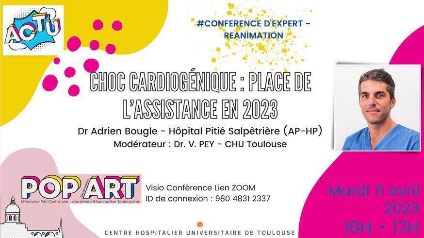 POpART (@popartoulouse) on Twitter photo 📅 Rdv aujourd’hui pour une nouvelle #ConfDExpert avec @AdrienBougle
🚨Choc cardiogenique 💔 : place de l’assistance en 2023
🕓 16-17h
🔗 Zoom 980 4831 2337
<a href="/ajar_toulouse/">AJAR Toulouse 🏉</a> <a href="/AJARFrance/">AJAR France 🇫🇷</a> <a href="/SFAR_ORG/">SFAR Anesthésie Réanimation</a> 📅 Rdv aujourd’hui pour une nouvelle #ConfDExpert avec @AdrienBougle
🚨Choc cardiogenique 💔 : place de l’assistance en 2023
🕓 16-17h
🔗 Zoom 980 4831 2337
<a href="/ajar_toulouse/">AJAR Toulouse 🏉</a> <a href="/AJARFrance/">AJAR France 🇫🇷</a> <a href="/SFAR_ORG/">SFAR Anesthésie Réanimation</a>