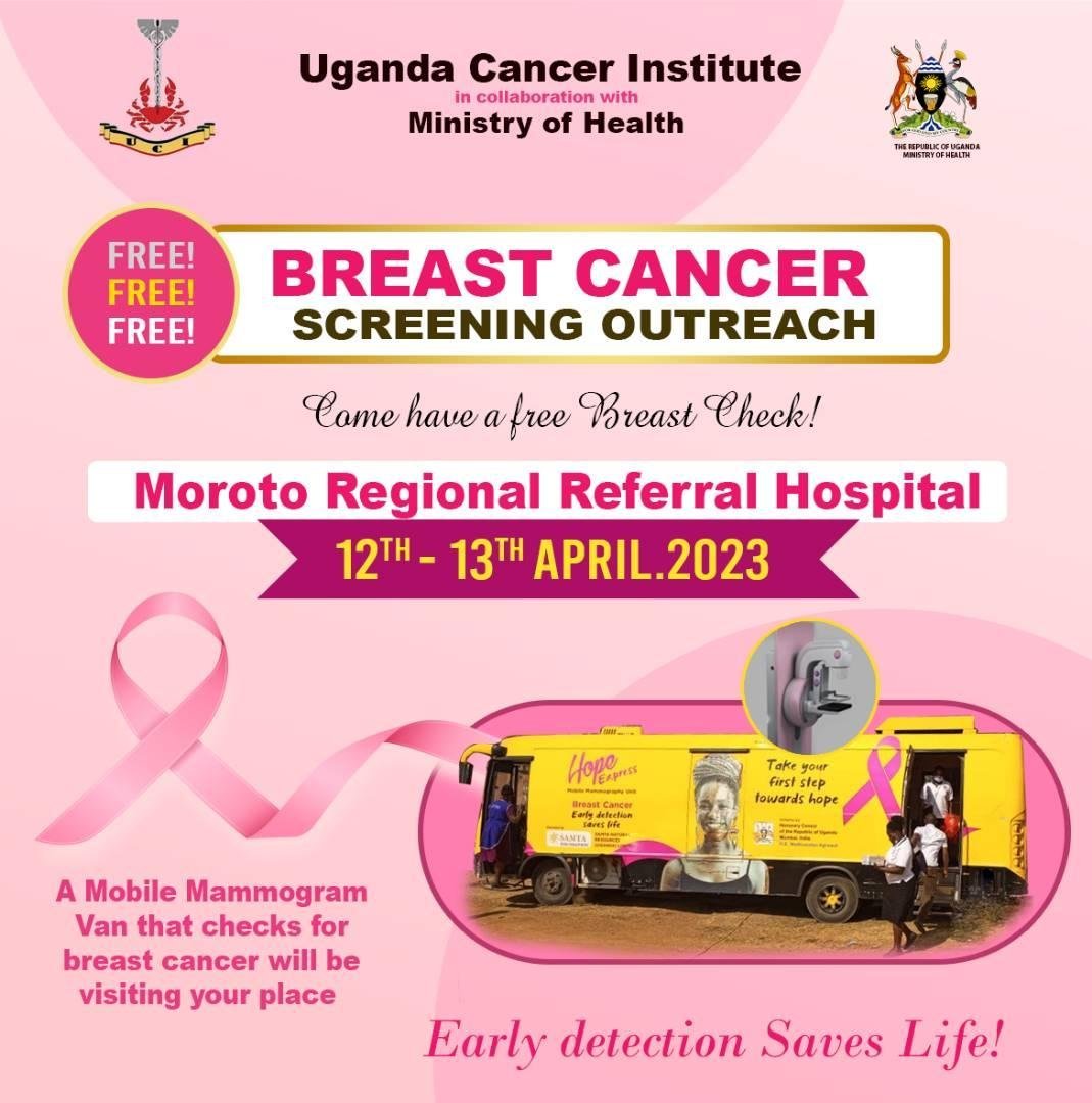 @UgandaCancerIns together with @MinofHealthUGFree will have free breast cancer screening tomorrow 12th-13th April 📍 Moroto Regional Referral Hospital. ''Early detection saves life'' 
#FightCancerUg #CureCancer
@MulagoReferral @MoICT_Ug @DMU_Uganda