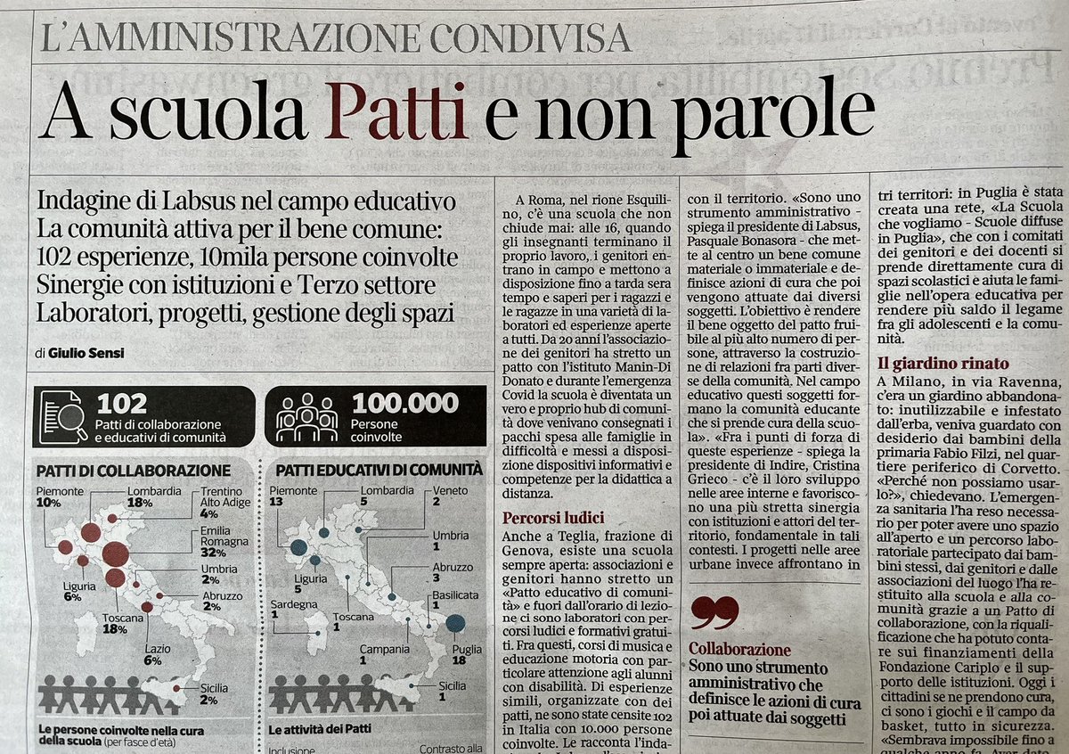 Così la scuola da bene pubblico diventa qualcosa di più: un bene comune. Il racconto dei 102 patti con cui cittadini e associazioni curano le scuole e migliorano l’istruzione. Su @CorriereBN dentro al @Corriere con @Labsus1 e @IndireSocial.