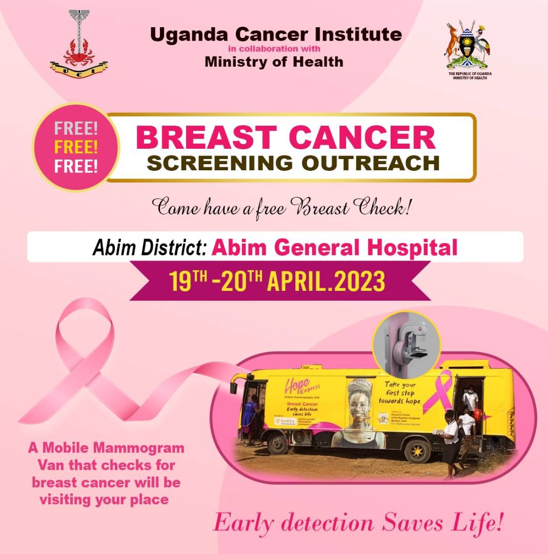 People in Abim District are called upon to engage in the breast cancer screening due on 19th-20th April 2023.
The outreach will help them rule out Breast cancer and it's related issues. #FightCancerUg @MoICT_Ug @MinofHealthUG @UgandaCancerIns @DMU_Uganda @azawedde @JaneRuth_Aceng