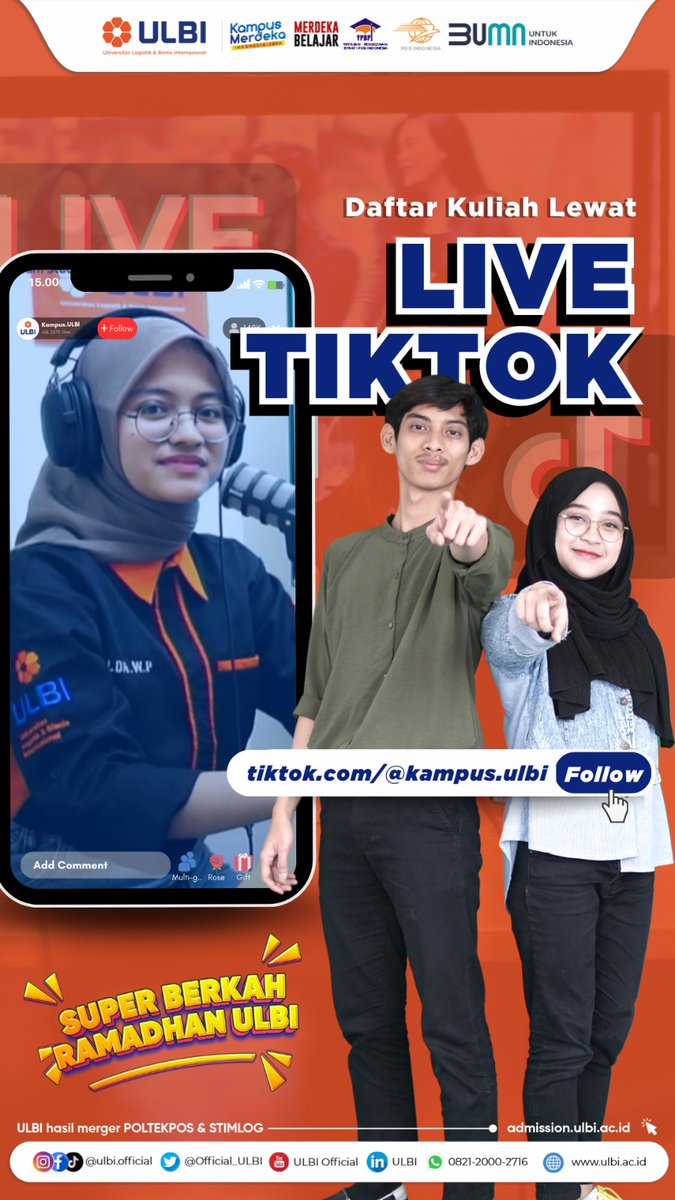 Halo Ulbian!

Daftar kuliah lewat TikTok? Emang bisa? Bisa dong! 
Diskon biaya pendaftaran 50% khusus pendaftar baru di Jalur Berkah Ramadhan berlaku di tanggal 10-14 Maret 2023 pukul 16.00-17.00 WIB  Promo ini hanya bisa kamu klaim saat TikTok Live di tiktok.com/@kampus.ulbi