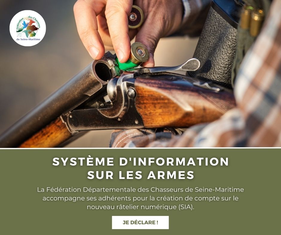 📣 La FDC76 accompagne ses adhérents dans leurs déclarations d'armes sur le râtelier numérique (SIA). Tous les chasseurs doivent obligatoirement créer leurs comptes avant le 1er juillet 2023. 🤝🏻

▶ Plus d'infos ici : bit.ly/3KiC46P

<a href="/gendarmerie_076/">Gendarmerie de la Seine-Maritime</a> <a href="/Prefet76/">Préfet de Normandie et de la Seine-Maritime</a>