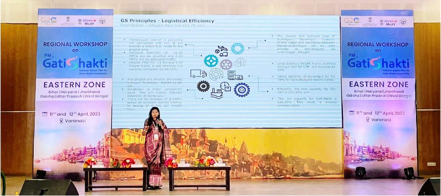 Logistics_MoCI's tweet photo. Dr. Shilpi Kanuajiya, Dy. COM/Con/LJN #RailMin presented adoption of PM GatiShakti NMP for integrated planning of multimodal connectivity for cross-border trade, leading to improved logistics efficiency, optimum modal shift and faster EXIM cargo movement. @DPIITGOI @SumitaDawra https://t.co/OtL2NUHYVF