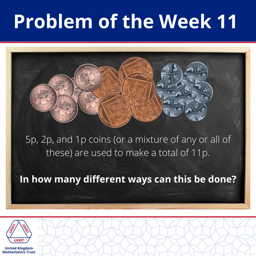UKMathsTrust's tweet photo. Problem of the Week 11! 💰

Please do not comment the solution so other people can work it out too. Instead, like this post if you think you have the correct answer!

The solution will be posted in the comments on Thursday at 4pm.

Good luck!

#UKMT #ProblemOfTheWeek #Maths https://t.co/CIgkl9dDqM