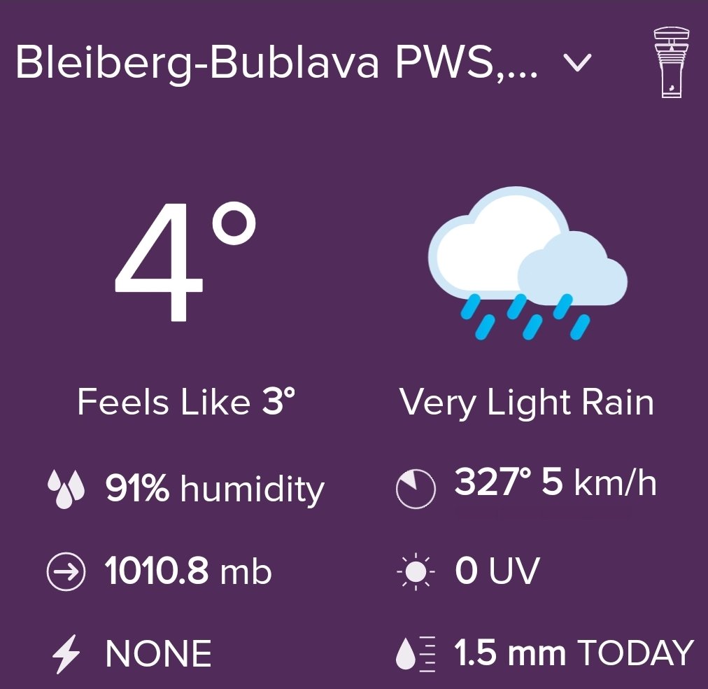 omicronCZ's tweet photo. Na Bleibergu zataženo a prší🌧️ Teplota 4°C, vlhkost 91%.
UV 0.1

Klidný vánek (1 Bft, SZ). Tlak stabilní. Viditelnost 3 km.

Krásné den z meteostanice #Tempest na Bublavě v Krušných horách😊

https://t.co/zWB5C9JyCZ

#WeatherTweet #weatherflow #pws #Bublava https://t.co/PGlbs6uuHc