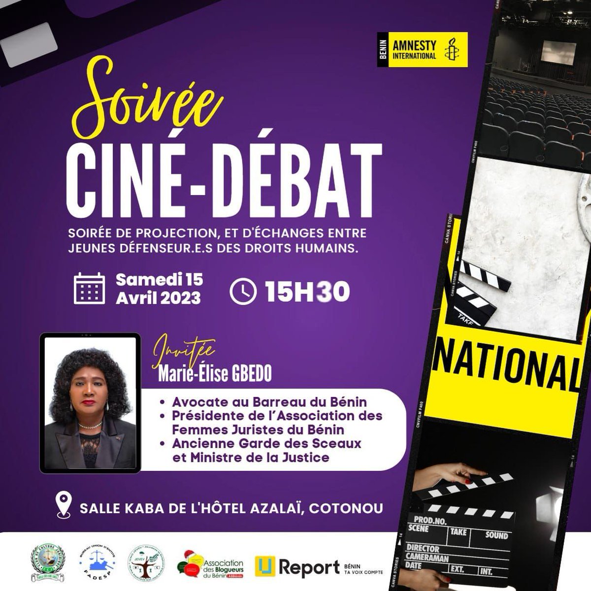 Que faites vous ce samedi après-midi ? 
Nous vous invitons à nous rejoindre à <a href="/canalolympia_/">CanalOlympia</a> pour suivre <a href="/MarieEliseGbedo/">Marie-Elise GBEDO</a> . 

<a href="/UReportBenin/">U-Report Benin</a> 
<a href="/amnestybenin/">Amnesty International Bénin</a> 
<a href="/lefilsdupeuple9/">Le Fils du Peuple</a>