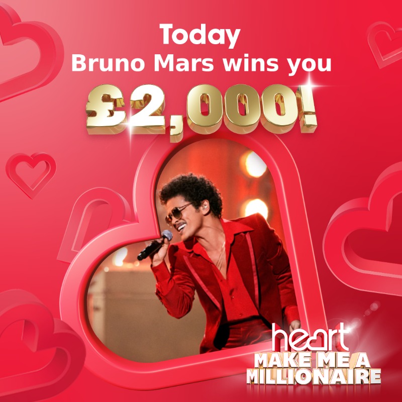 thisisheart's tweet photo. There are still only 18 people in Heart's Make Me a Millionaire final... could the next one be you? 

When we play @brunomars you could win £2,000 or join our Millionaire finalists! 🤩