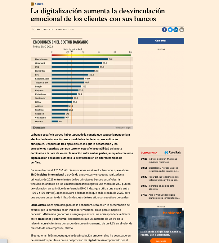 Emo_Insights's tweet photo. 😊 Gracias a @expansioncom, @Forbes, @elconfidencial, @diarioabierto, @65ymuchomas, @merca2_es, @IPMARK, @marketingnews y muchos otros por las noticias publicadas estos días sobre el Estudio de Emociones en Banca 2023. 

#EMObanca #SectorBancario #Bancos https://t.co/fWXk3iCTKF