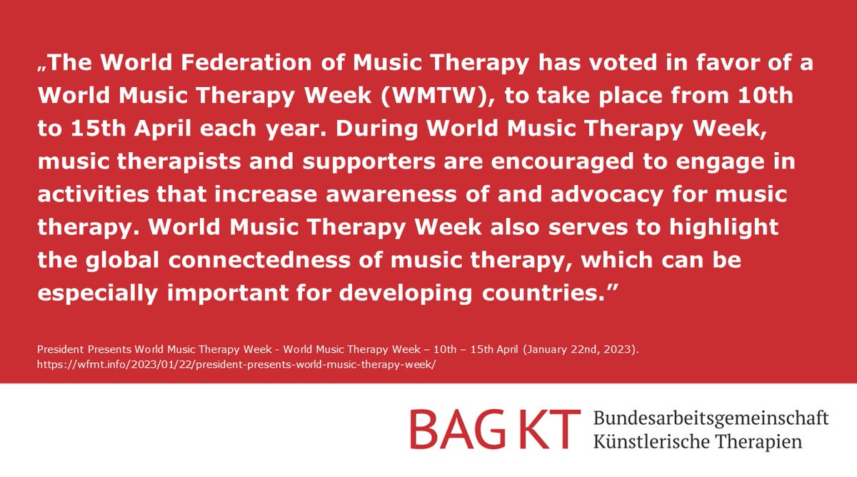 BAG_KT's tweet photo. Vom 10. - 15. April 2023 ist #WorldMusicTherapyWeek!

Für mehr Infos besuchen Sie die Website der World Federation of Music Therapy @WFMTinfo

President Presents World Music Therapy Week - World Federation of Music Therapy (https://t.co/rCyVTkfmST) https://t.co/q7epYFU53B