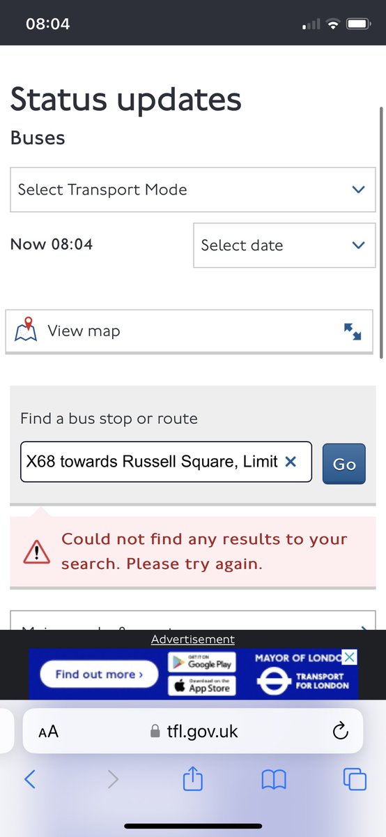 mariataylorbeja's tweet photo. @TfL do you know if the x68 to Russel Square is running? It’s not a bank holiday but not showing up on any navigation apps or on tfl website? https://t.co/ROcF1SNw2H