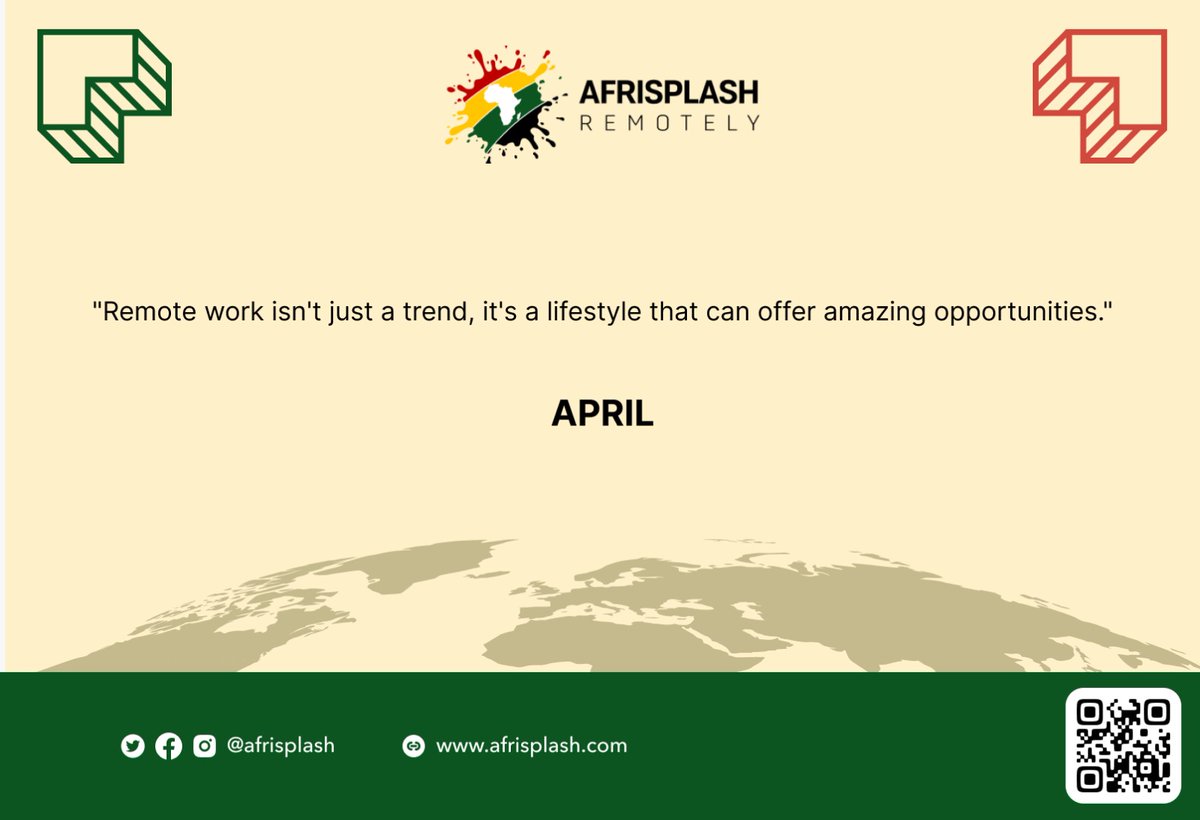Afrisplash's tweet photo. "Remote work isn't just a trend, it's a lifestyle that can offer amazing opportunities."

Join our Waitlist and get notified as we work to bring future work opportunities to you- https://t.co/lbmO8NYYd3

Live, Work and Suceed Anywhere🌎

#remotework #workanywhere #collaborations https://t.co/oKLLTH5Thj