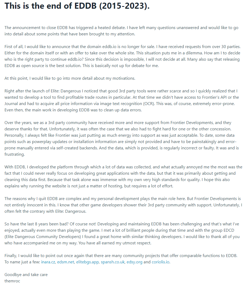drewwagar's tweet photo. A little clarification on the https://t.co/t25awjmPDN situation. It's now hosting a more detailed explanation on its homepage. The paragraph about #frontierdevelopment's attitude to #elitedangerous and supporting its community does not surprise me at all, unfortunately. https://t.co/cUe9qGDEYH