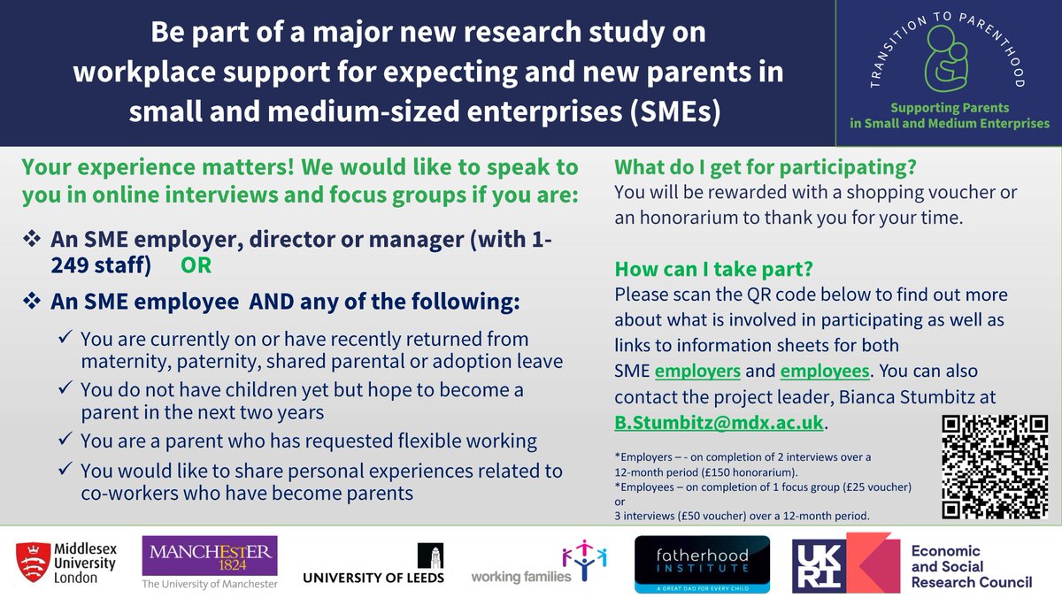 Are you an expecting or new parent employed in a small or medium enterprise? Or an SME employer or co-worker of someone who recently became a parent? Be part of a major study funded by @UKRI, carried out by <a href="/MiddlesexUni/">Middlesex University</a> &amp; partners. eu.surveymonkey.com/r/RM6VNC8
