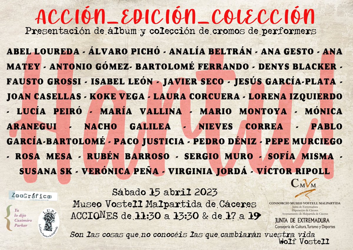 📣El próximo sábado 15 de abril performance en <a href="/Museo_Vostell/">MuseoVostell Oficial</a> #Acción_Edición_Colección #Hartu ¡Gracias! Os esperamos 🚀 #editorial_lupi #artedeacción #performance