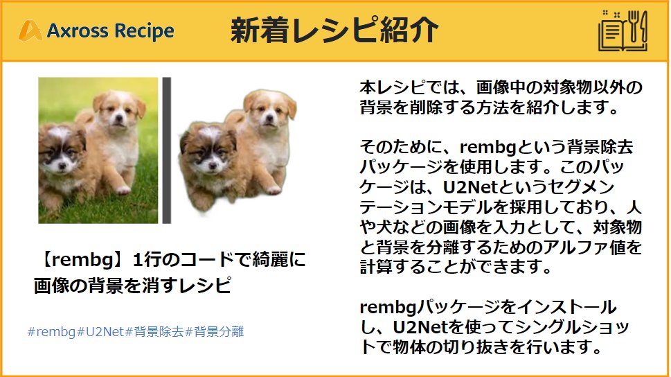 AxrossRecipe_SB's tweet photo. 本レシピでは、画像中の対象物以外の背景を削除する方法をご紹介します。

https://t.co/KteozbOHNq

#AxrossRecipe
#rembg #U2Net 
#背景削除
#プログラミング学習 
#駆け出しエンジニアと繋がりたい https://t.co/jVuzDUrK8x