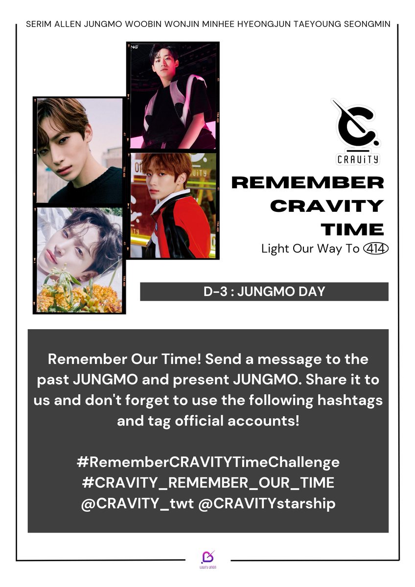 LuvityUnion's tweet photo. ✨ REMEMBER CRAVITY TIME : Light Our Way To 414 ✨

D-3 before CRAVITY's anniversary! Say something to 2020 and 2023 JUNGMO. Qrt/Reply/Post your entries with our tags &amp; official accounts!

#RememberCRAVITYTimeChallenge
#CRAVITY_REMEMBER_OUR_TIME https://t.co/dNZyLx4GTj