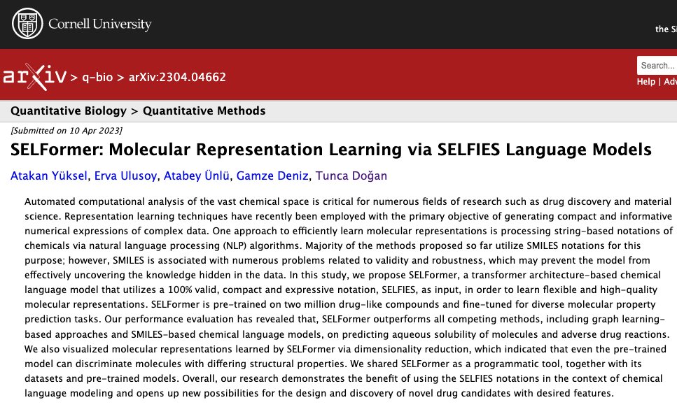 New paper 🚨🤟🥳🎸

"SELFormer: Molecular Representation Learning via SELFIES Language Models" is out as a pre-print

arxiv.org/abs/2304.04662

Started as an undergraduate course project and evolved into a new chemical language model!

#DeepLearning #DrugDiscovery #ML #AI

1/8