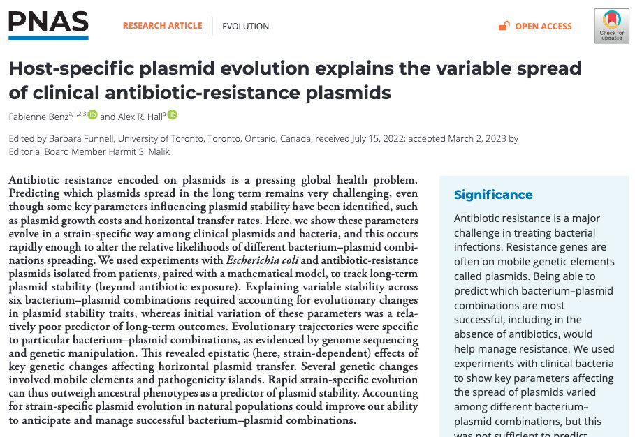 Great to come back from easter break to find our paper on the relevance of host-specific plasmid evolution out 🐰🤩 This is a major part of my phd at <a href="/ETH_en/">ETH Zurich</a>.  I'm extremely grateful to Alex Hall for this journey. 

Summary below and full read here: pnas.org/doi/epdf/10.10…