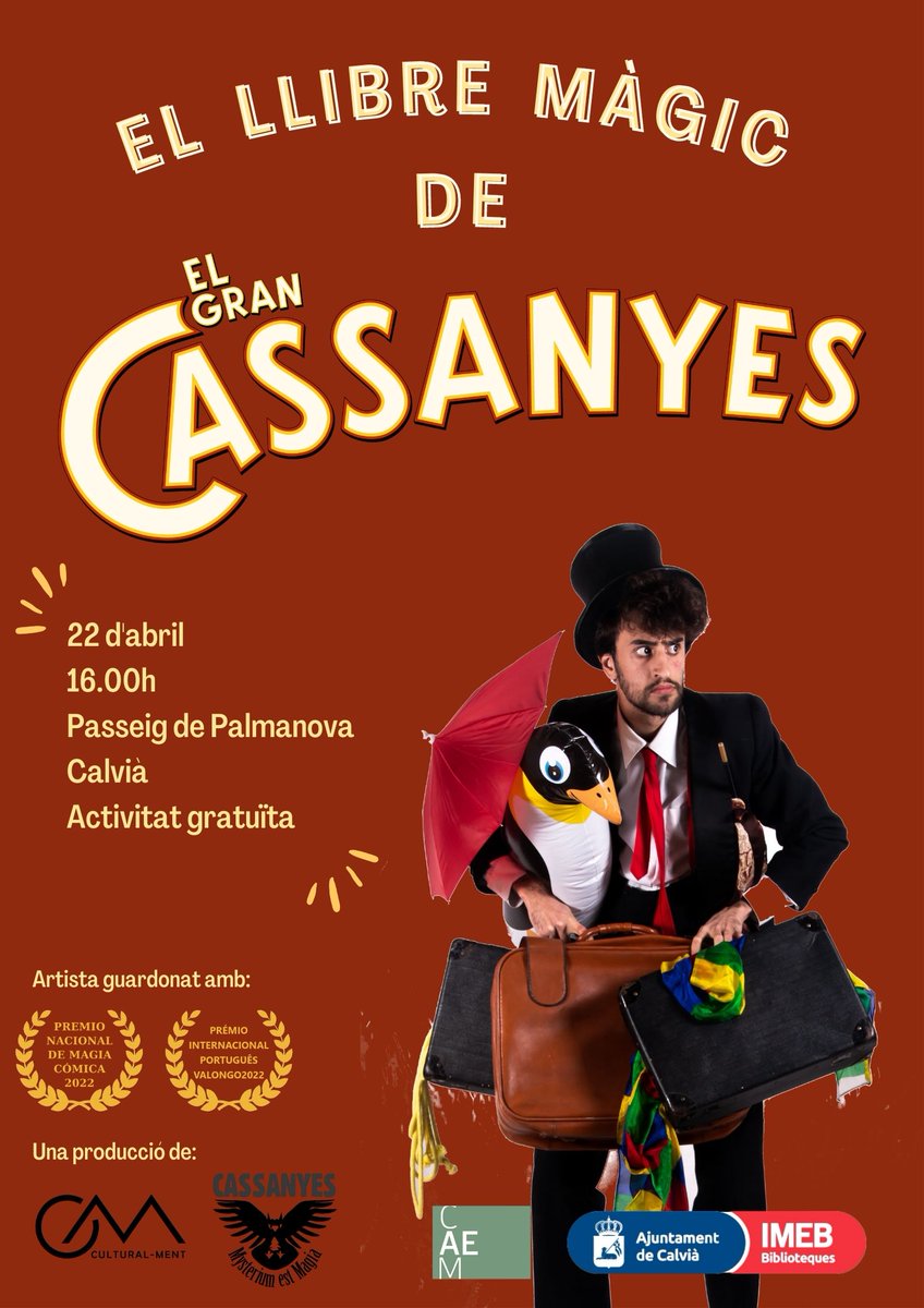 Cultural_ment's tweet photo. Bon dia, culturetes!

La setmana que ve entrarem en la tan esperada setmana del llibre! I el nostre artista Joan Cassanyes te cites marcades perquè pugueu anar a gaudir amb els més petits de la màgia dels llibres i la lectura!  On el podreu trobar? +info ⬇️

Salut i màgia! 🪄 https://t.co/lwNGWFoY5B