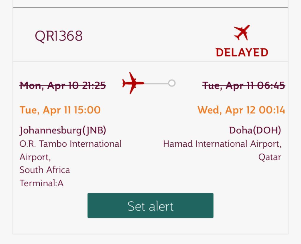 Christie03L's tweet photo. @qrsupport @qatarairways still no news from @ortambo_int about what flight we are on. Online system showed a 15:00 flight that has now disappeared. What a joke. https://t.co/SFFGGiQvhU